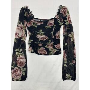 Polly & Esther Floral Long Sleeve Sheer Mesh Crop Top Women’s Size S Coquette